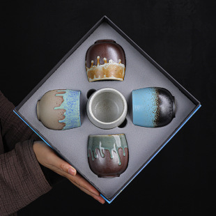 Cross-border Japanese-style Retro Crude Pottery Tea Cup Set Kiln Change Master Cup Water Cup Ceramic Espresso Cup Gift Box