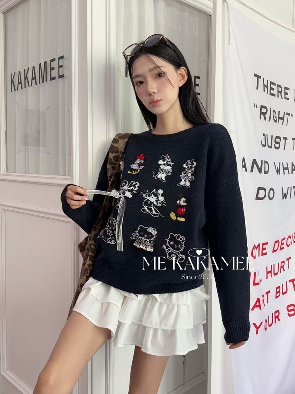 ME KAKAMEE十三行秋季潮牌北极绒九宫格趣味卡通喷画毛衣女 6020|undefined