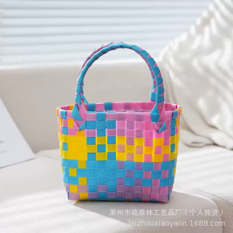 低价促销款彩色儿童手提包文艺手工编织袋迷你编织菜篮子包小方包