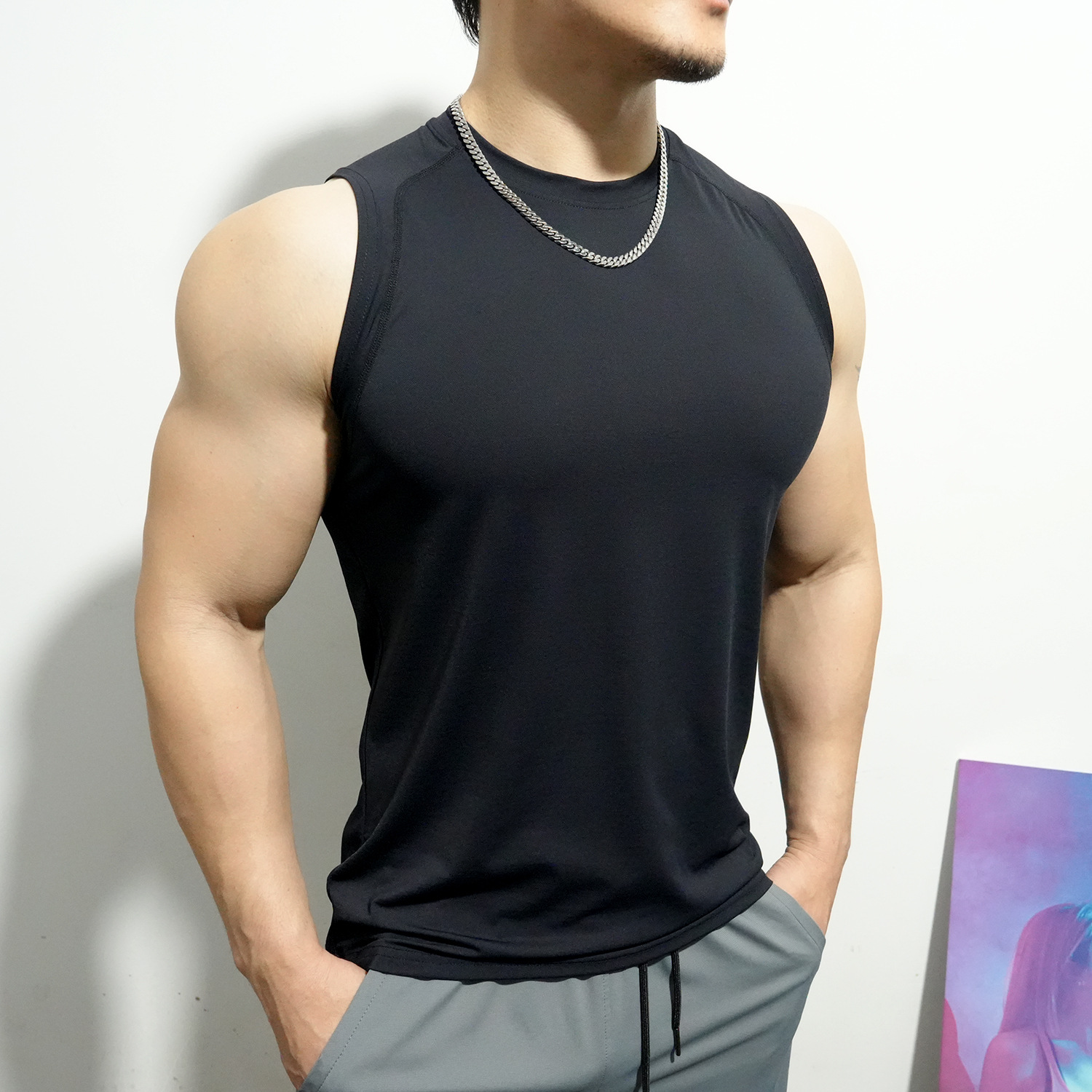 Ice Silk Yarn Men's Sports Fitness Wide-Shoulder Vest Sleeveless T-Shirt Sports Fitness Vest Loose Quick-Drying Vest