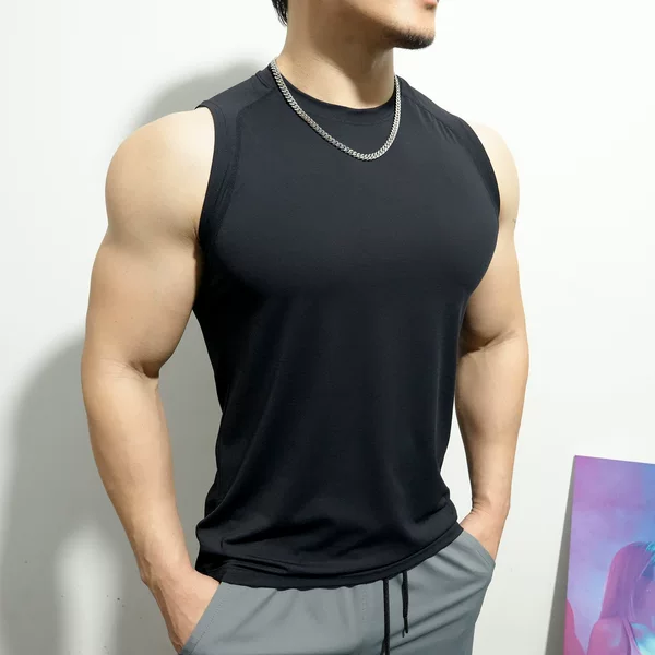 Ice Silk Yarn Men's Sports Fitness Wide-Shoulder Vest Sleeveless T-Shirt Sports Fitness Vest Loose Quick-Drying Vest