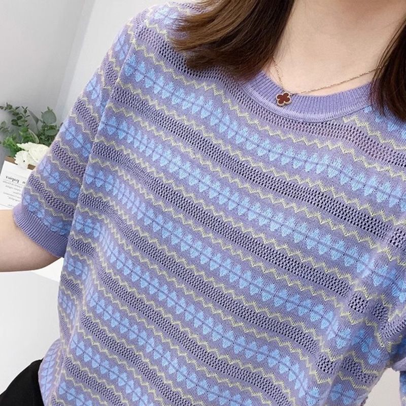 [Cashmere Family] Women's Short-Sleeve Round-Neck Loose Hollow-Out Ice Silk Knit Top Thin T-Shirt for Summer