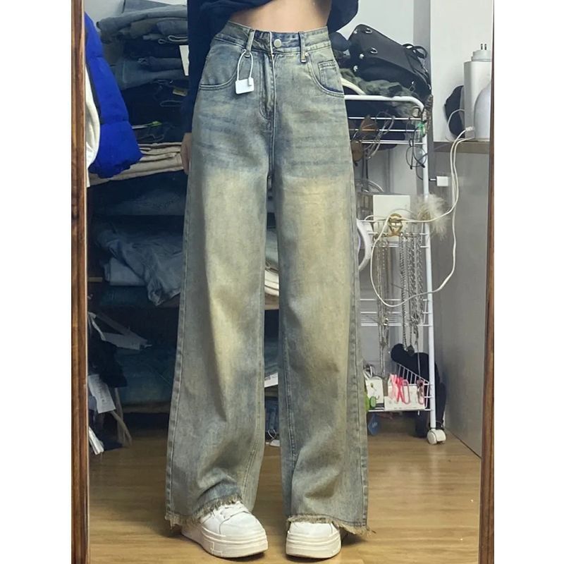 Small Autum Retro Old Wide Raw Edge Straight Jeans New High Waist Loose Slimming Look Wide Leg Floor Mopping Pants
