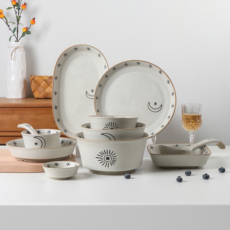 Sun Moon star tableware Bowl plate household combination Japanese stoneware bowl plate suit high-looking rice bowl dish large soup bowl Sun Moon star tableware Bowl plate household combination Japanese stoneware bowl plate suit high-looking rice bowl dish large soup bowl