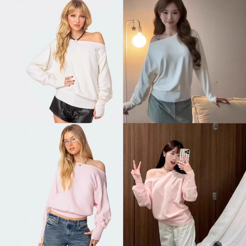 Edikted American Off-Shoulder Oversized Sweater for Women 24 Autumn New Loose Slim One-Shoulder Bottoming Sweater Unique