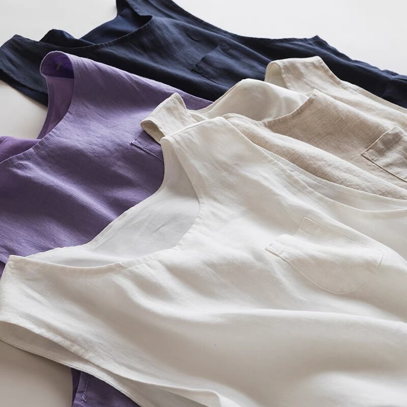 Artistic Mori style linen + cotton lining sleeveless round neck pleated large skirt vest skirt doll skirt dress