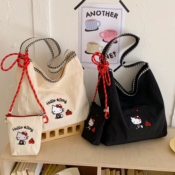 Embroidered kitty cat lightweight cartoon Korean-style tote bag, large capacity, versatile and cute shoulder bag, crossbody phone bag