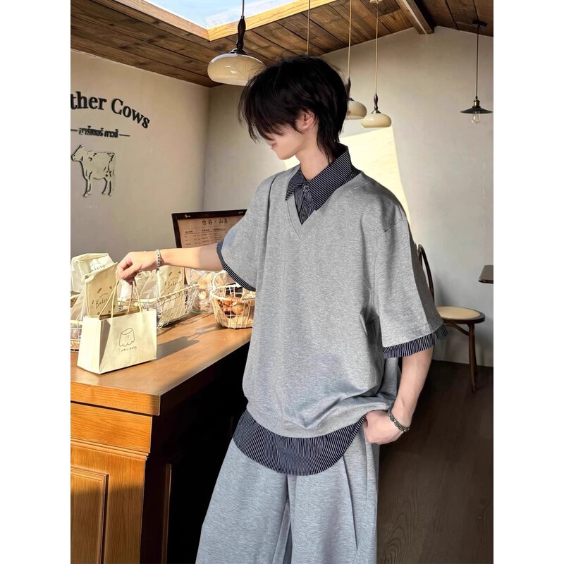 Floral Gray Faux Two-Piece Polo Shirt Short-Sleeve Men's Summer Plaid Patchwork Shirt Collar T-Shirt College Style American Half-Sleeve
