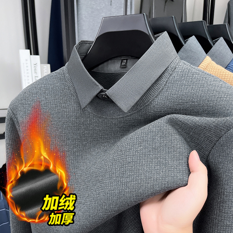 Fake Two-Piece Men's Full-Body Velvet Lapel Wool T-Shirt Middle-Aged Dad's Thickeneded High-End Warm Knitted Sweater