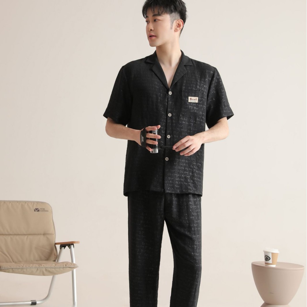 Men's Pajamas, Spring and Autumn Style, Cloud Cotton Short-Sleeved Large Size Lapel Cardigan Suit, Summer High-End Casual Home Wear