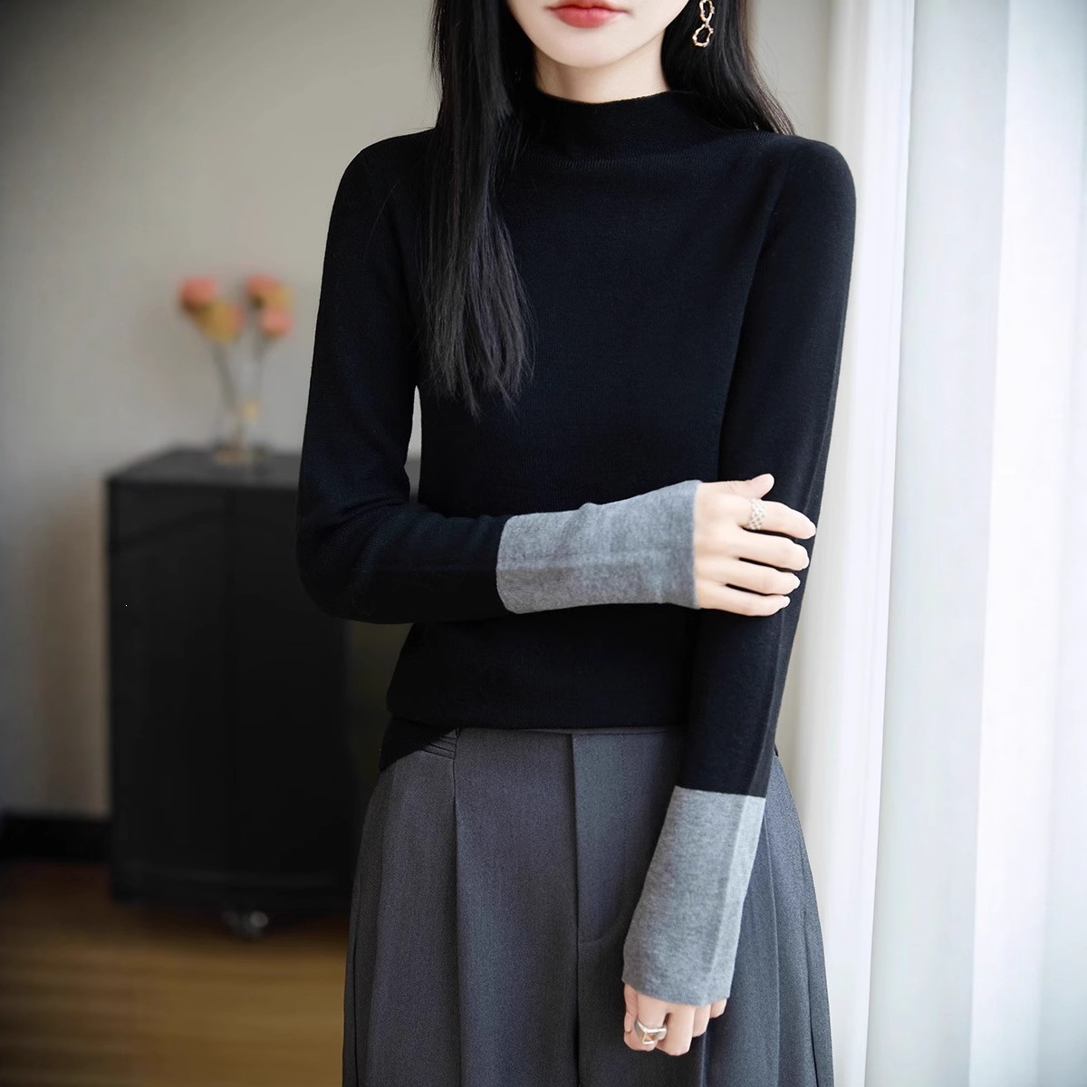 Comfortable, retro-style knit sweater, suitable for autumn and winter, high-neck sweater for women, wholesale, relaxed style, loose beige.
