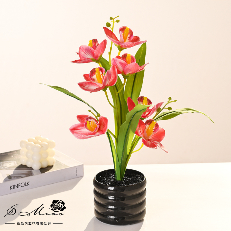 Planta en Maceta de Orquídea Cymbidium Artificial de 7 Cabezas de Seda para Oficina y Sala de Estar