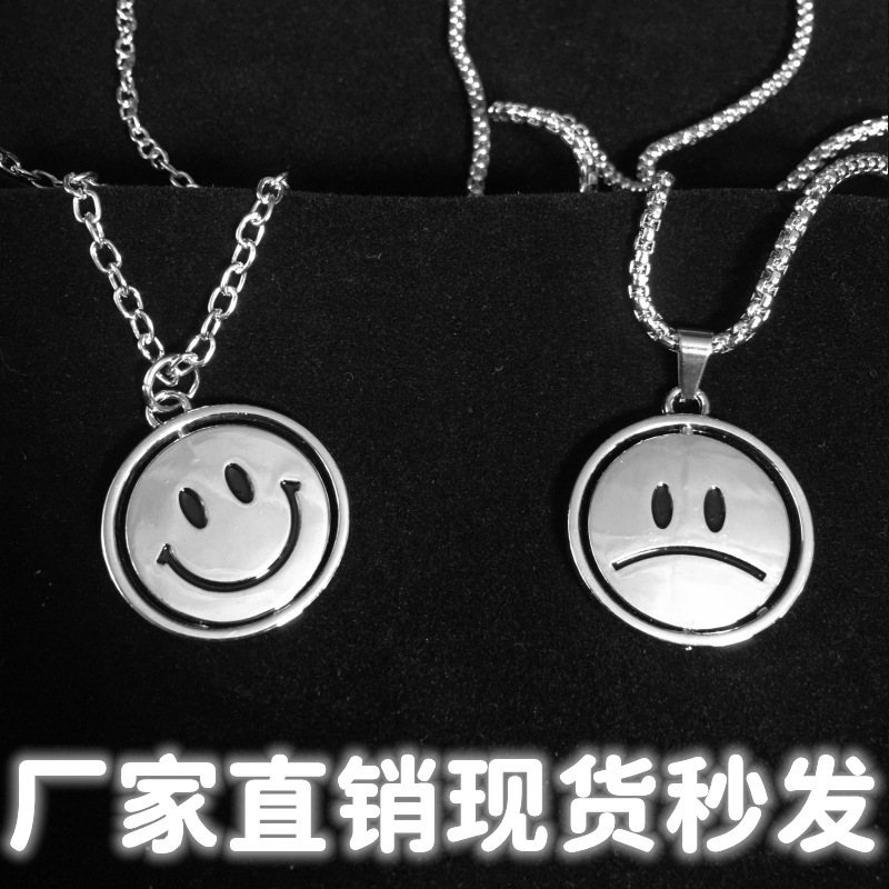 Flip and Rotate Smiley Face Necklace Double-Sided Expression Crying Face Alloy European and American Hip-Hop Street Pendant Trendy Hot Item for Men and Women