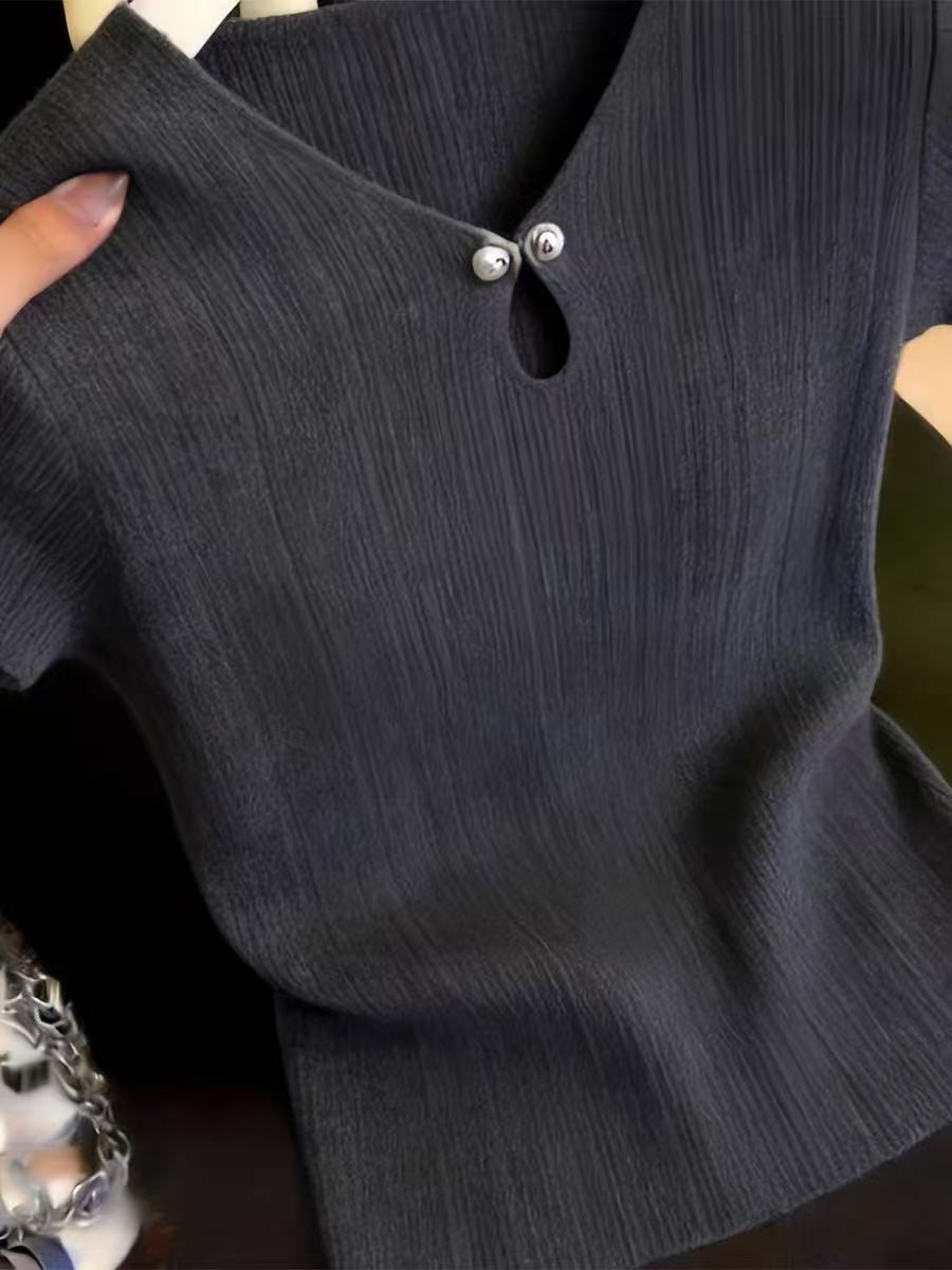 Áo thun dệt kim tay ngắn cổ tròn nữ phong cách Hàn Quốc cao cấp — màu xám