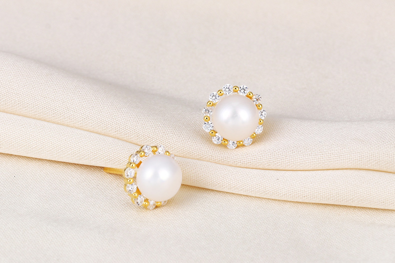 Holiday, Travel, Daily Occasion 1 Pair 925 Sterling Silver Pearl Geometric Ear Studs