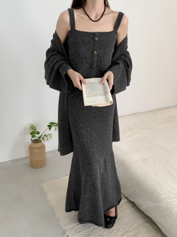 复古名媛风毛衣三件套女秋冬新款韩版吊带背心针织开衫半身裙套装|undefined
