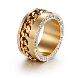 厂家货源欧美时尚侧面粘钻不锈钢指环大气男女士宽面满钻奢华戒指