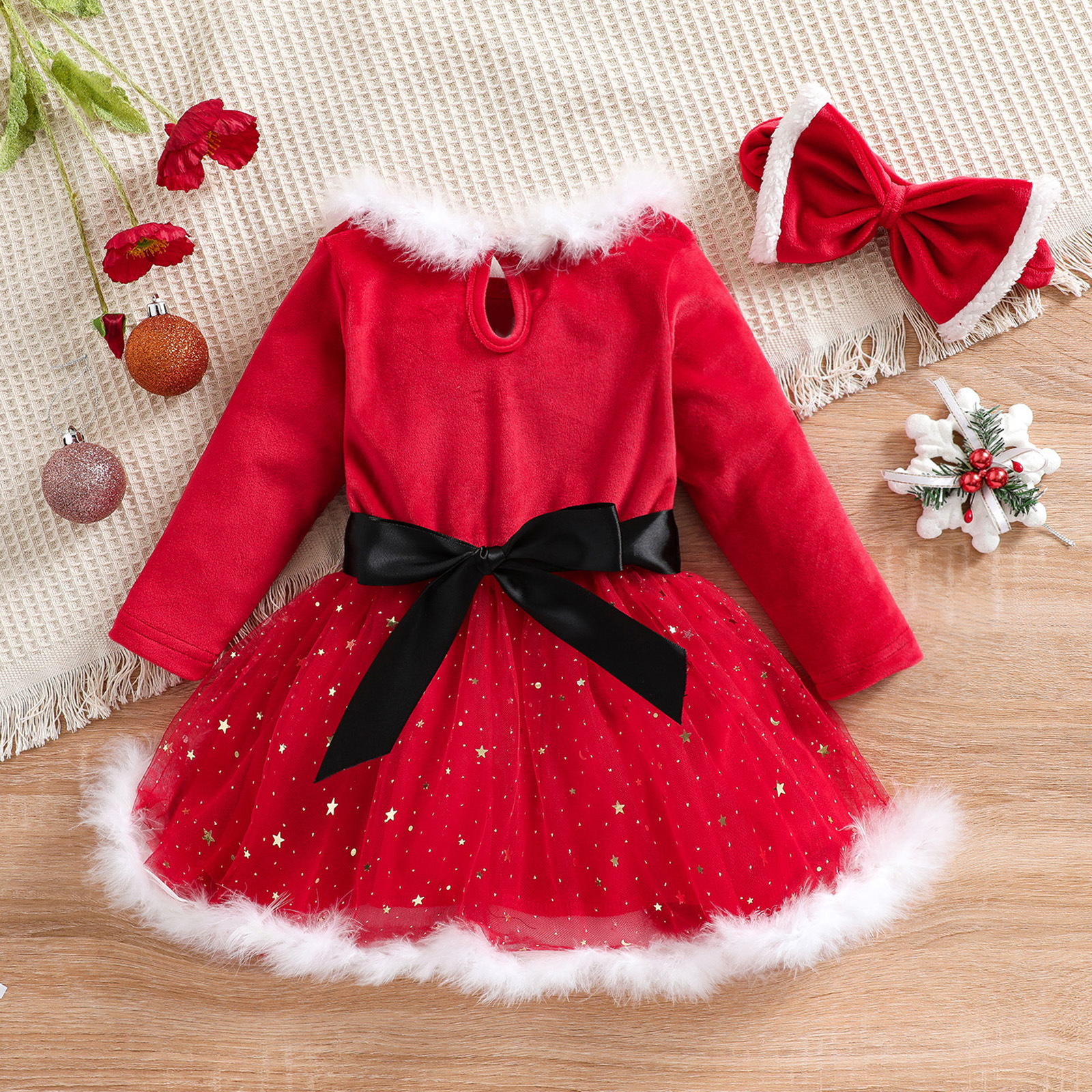 Robe de princesse en maille étoile à manches longues et bords bruts pour filles de Noël 2023_voghion.com