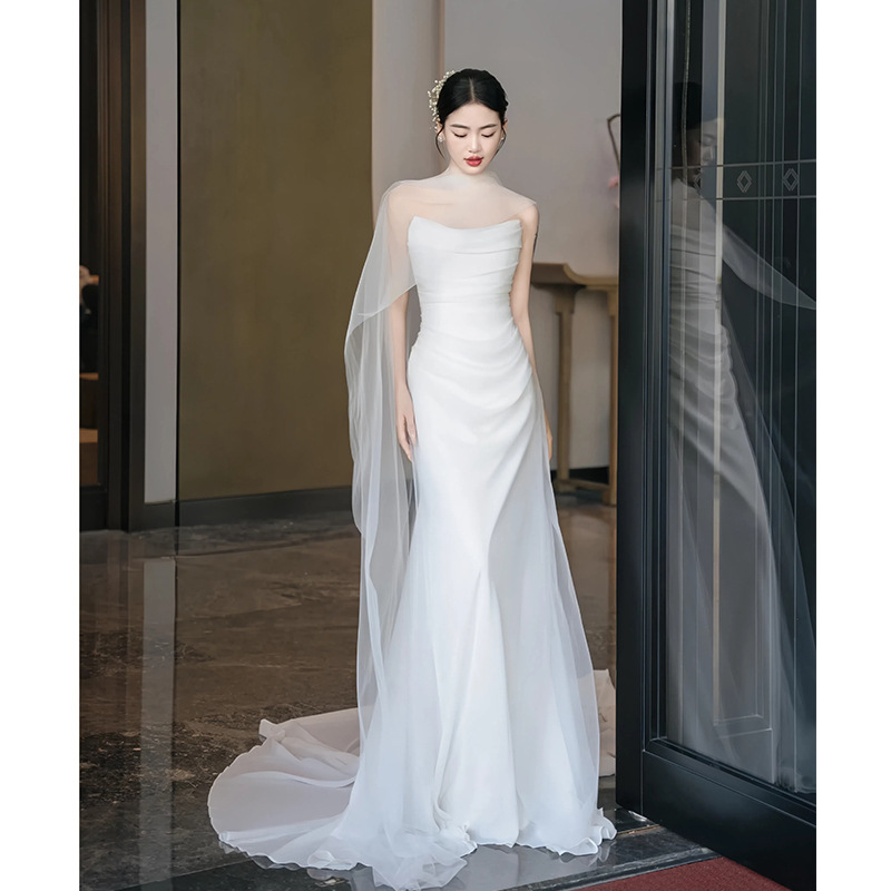 French Style Strapless Light Wedding Dress High-end Simple Satin Mori Style Super Fairy Bride Welcome Out-of-house Yarn Fishtail Dress