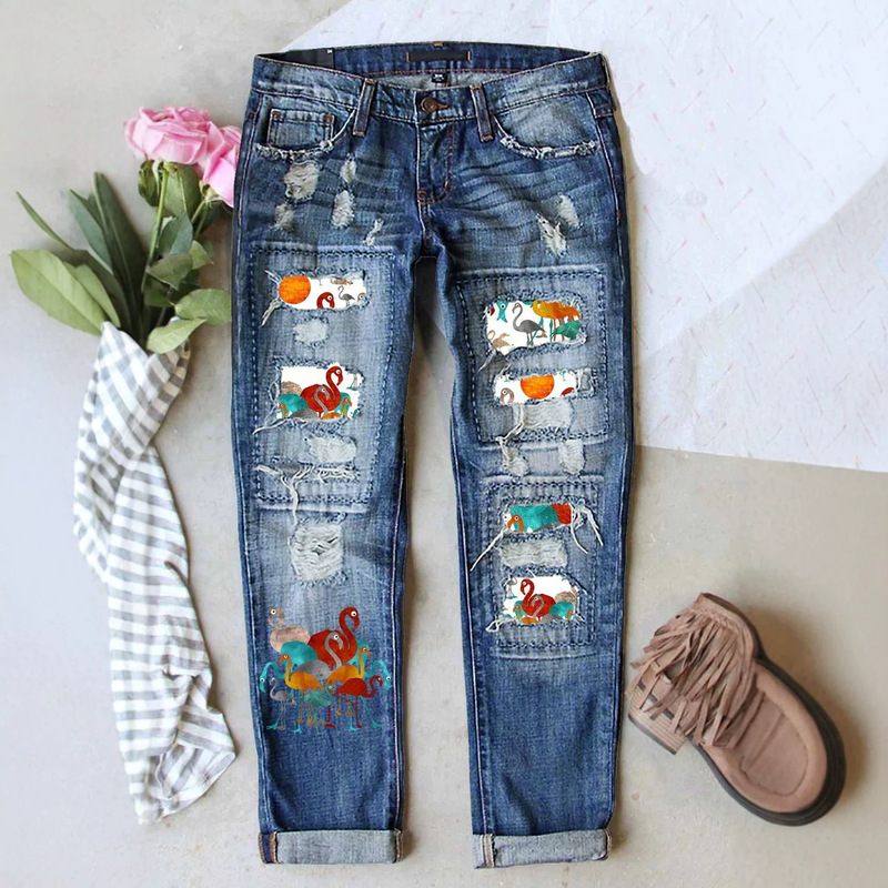 In-Stock New Model Temu Cross-Border Street Fashion Brand Ripped Patchwork Flamingo Mid-Waist Straight-Leg Washed Jeans In-Stock New Model Temu Cross-Border Street Fashion Brand Ripped Patchwork Flamingo Mid-Waist Straight-Leg Washed Jeans