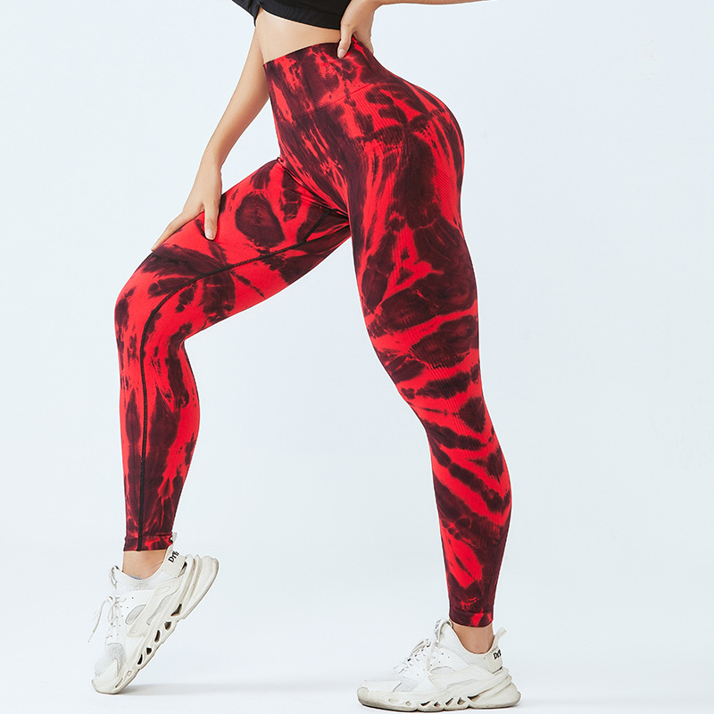 Pantalones de yoga teñidos sin costuras transfronterizas de cintura alta para mujer Levantamiento de cadera estiramiento medias deportivas delgadas vientre melocotón cadera fitness Pantalones