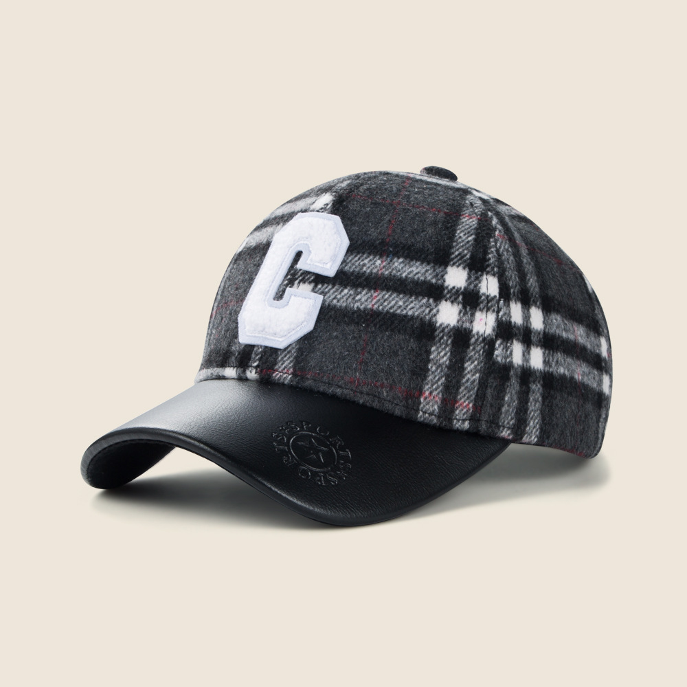 Children's C Letter Plaid Baseball Cap Autumn Winter Warm Leather Brim Stitching Hat Boy Student Fashion Peaked Cap display picture 6