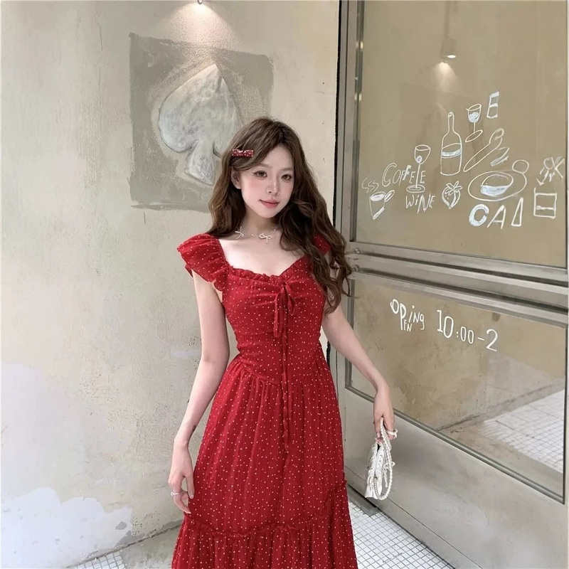 Beach Resort Style Red Polka Dot Dress Women's New Summer Style Lace-Up Waist Slimming A-Line Long Skirt