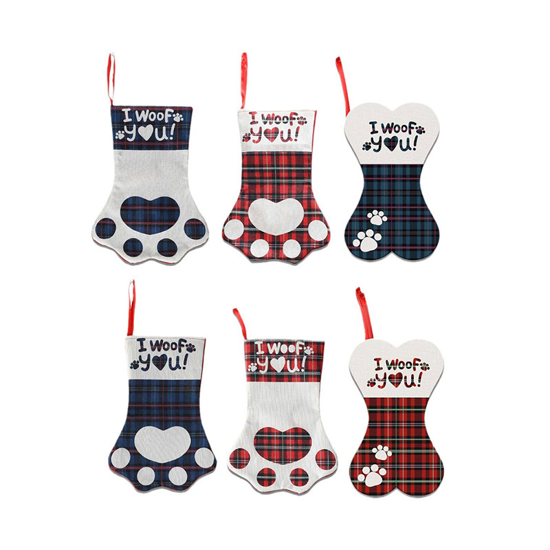 Cozy Plaid Christmas Stockings For Pets – Rustic Burlap Dog & Cat Fireplace Decor (6 Styles: Paw Print, Bone & Holiday Letters)_voghion.com