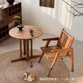 复古老榆木圆形茶几客厅角几小餐桌简约奶茶桌实木家具餐桌椅组合