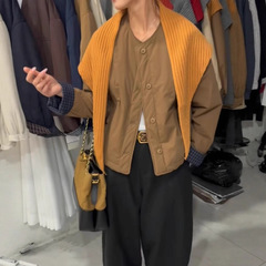 琪镌绘制慵懒风秋冬新款圆领宽松棉服外套女时尚休闲拼接夹克上衣