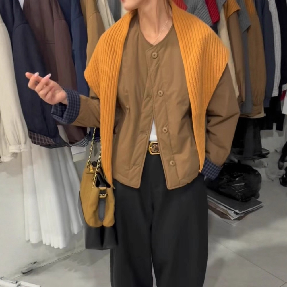 琪镌绘制慵懒风秋冬新款圆领宽松棉服外套女时尚休闲拼接夹克上衣