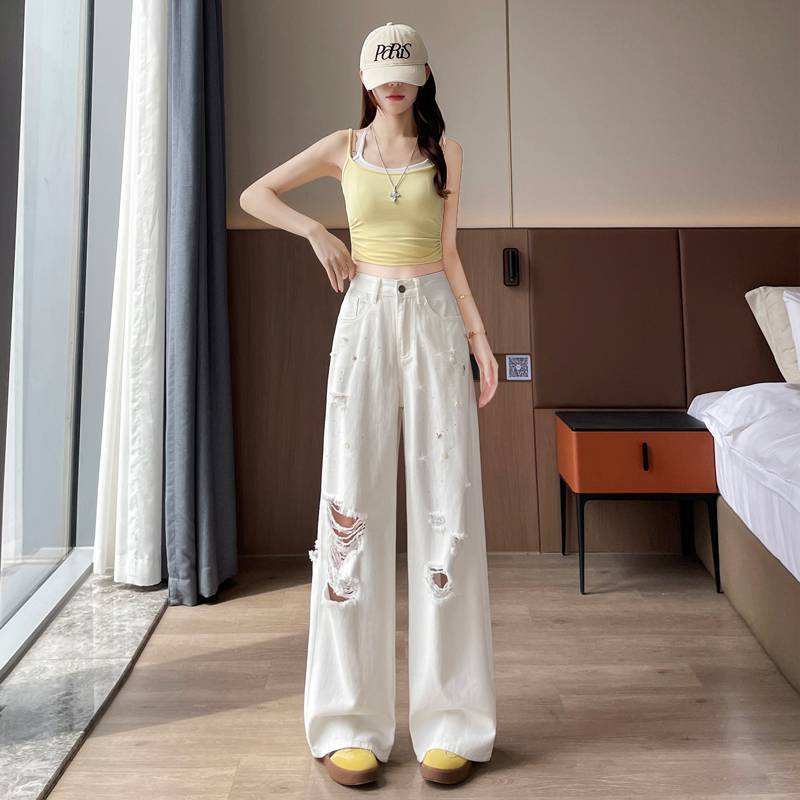 Wholesale White Ripped Wide-Leg Jeans for Women, Summer Thin Style, Trendy and Popular, Loose Fit with Rhinestones, Distressed Straight-Leg Pants