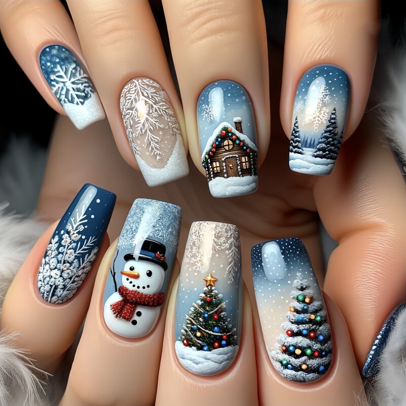 Christmas Series Nail Art Snow House Snowman Winter Fake Nails European and American Style Fashion Nail Art Patch Christmas Series Nail Art Snow House Snowman Winter Fake Nails European and American Style Fashion Nail Art Patch
