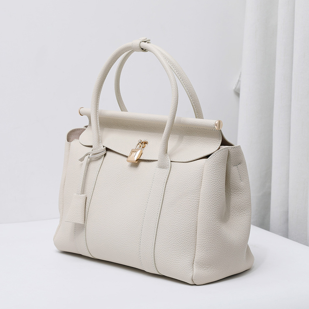Top Grain Cowhide Large Capacity Commuter Bag Luxury Handheld Shoulder Crossbody Bag Clasp Genuine Leather Tote Briefcase - Thumbnail 2