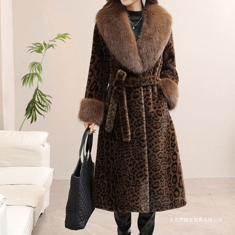 Cross-Border 2025 Winter New Leopard Print Imitation Mink Coat Elegant Winter Fashion Mid-Length Shawl Fur Collar Coat for Women