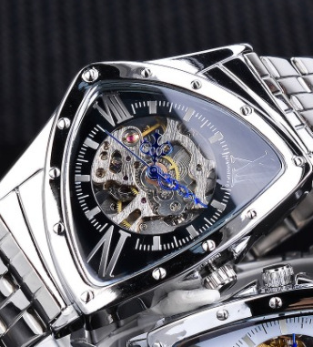 Forsining reloj mecánico automático estilo europeo y americano triángulo cabeza hombres moda casual hueco muñeca reloj transparente