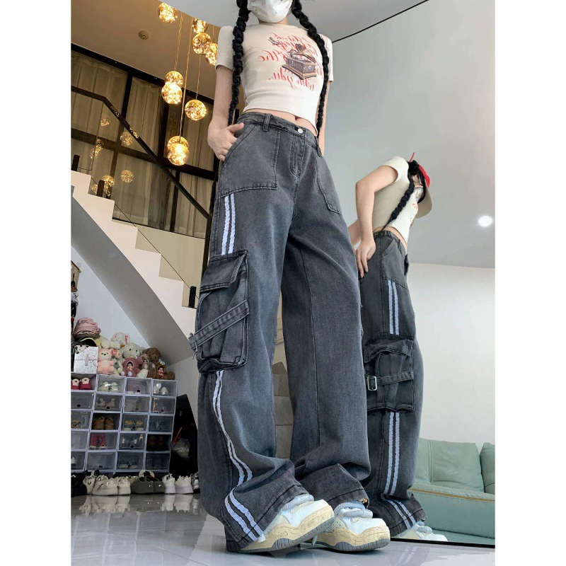 2024-май новый дизайн чувствительные боковые полоски джинсы свободные прямые прямые горячие девушки с высокой талией многокарманные комбинезоны