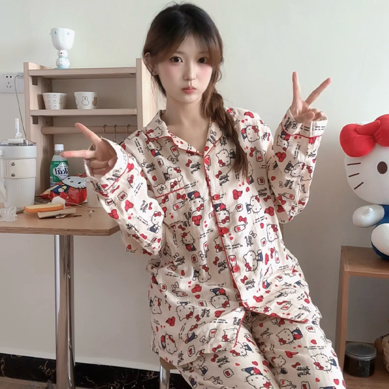2025春秋季新款苹果Kitty纯棉棉纱睡衣卡通可爱可外穿全棉家居服