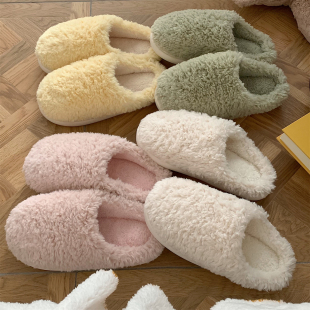 Japanese Style Simple Warm Baotou Plush Cotton Slippers Women's Winter Solid Color Fashionable Home Non-Slip Platform Moon Shoes