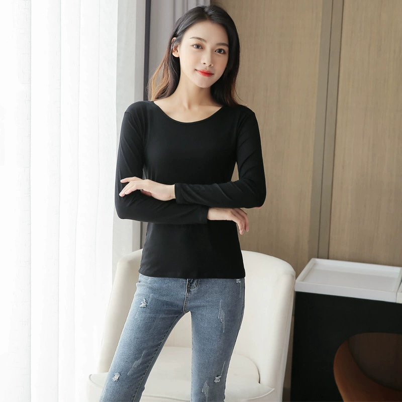 Женская базовая футболка из модала на осень-зиму 2024, футболка с длинным рукавом больших размеров, женский внутренний слой для осени, универсальный тонкий топ с круглым вырезом.