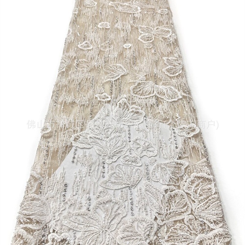 Fabricante nuevo fondo plano tubo de perlas bordado tela brillante vestido de boda vestido de cena tela de moda