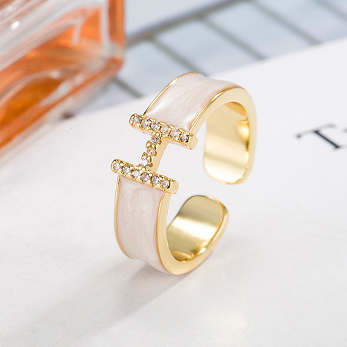 Letter H ring~white oil-dropping zircon high-end opening niche French temperament ring index finger ring for women 