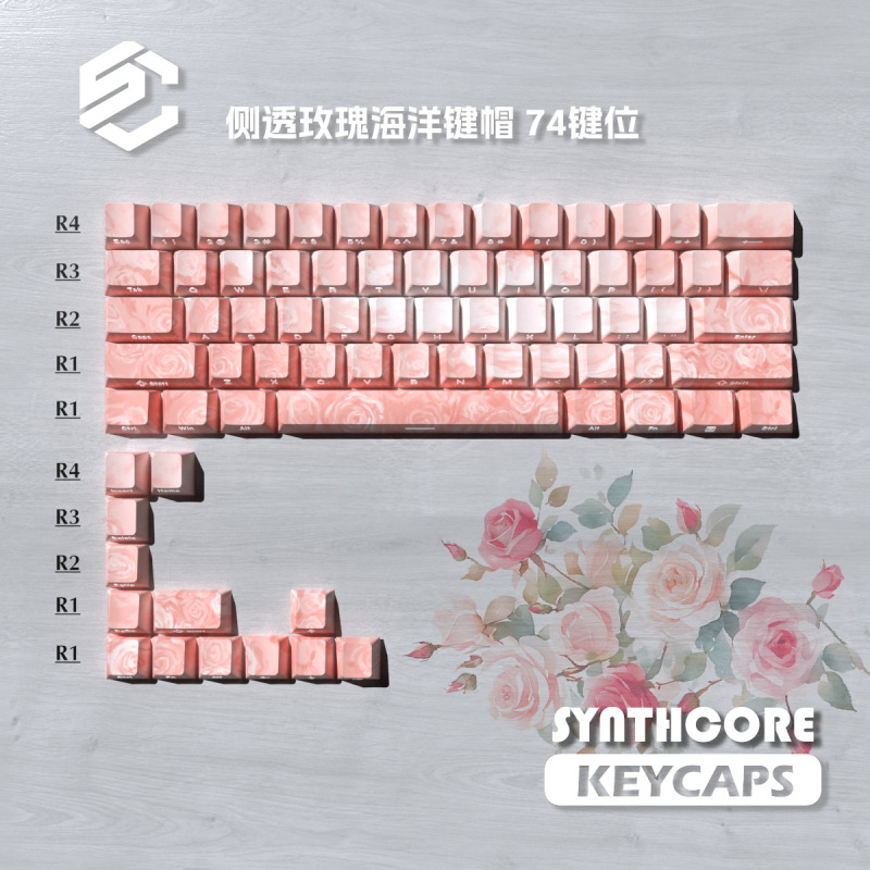 ローズコーストキーキャップ箱入りサイド刻印半透明オリジナルカスタムキーキャップ5面昇華桜ピンクウーティング|undefined