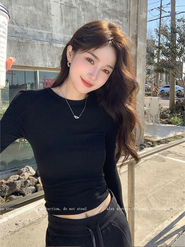 辣妹掐腰长袖T恤女2025新款修身显瘦百搭打底衫女装百搭网红上衣|undefined