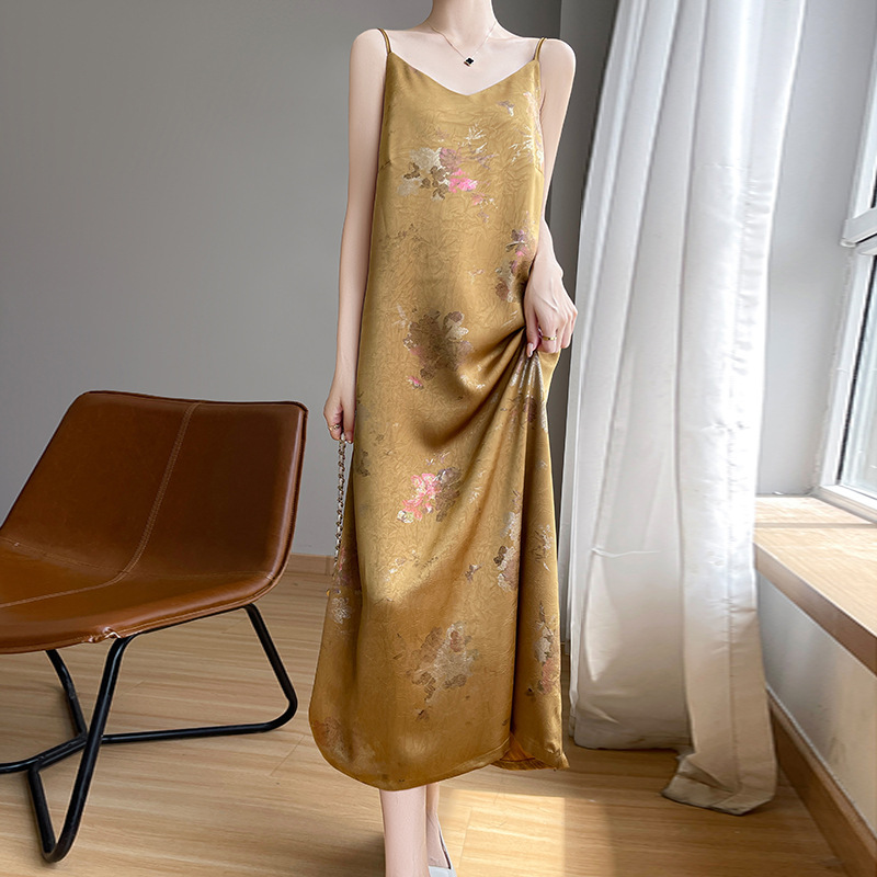 Elegant National Style Sling dress Jacquard Printed Silk Acetate Satin Sling Skirt Base Dagging Long Skirt