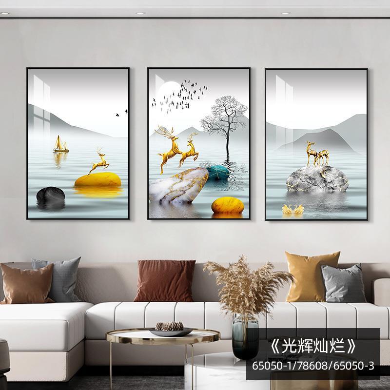 简约大气沙发背景墙聚宝盆山水画酒店宾馆客厅装饰画中式画福鹿|undefined