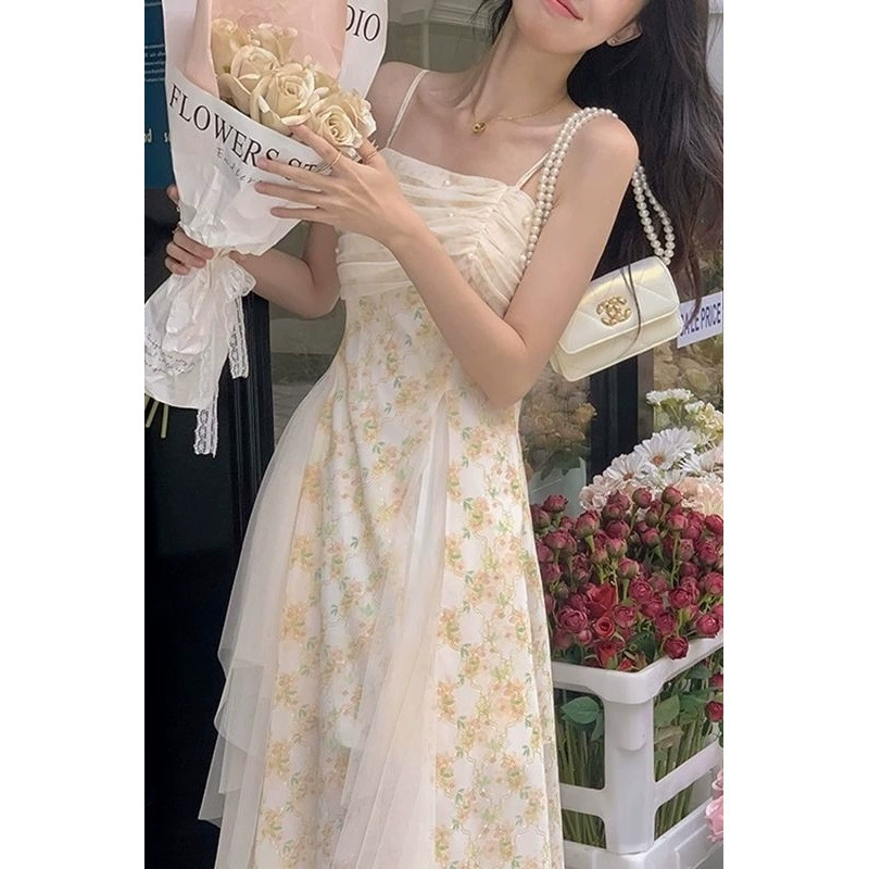 Супер сказочное французское платье на подтяжках для женщин, лето 2025, новый стиль, цветочный дизайн с бисером, сетчатая юбка