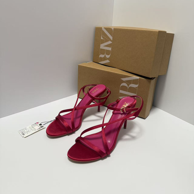 Za2025 New Summer Women's Shoes Bow-Style High Heels Red Patent Leather Stiletto Heel Half-Slip Sandals Flats for Women