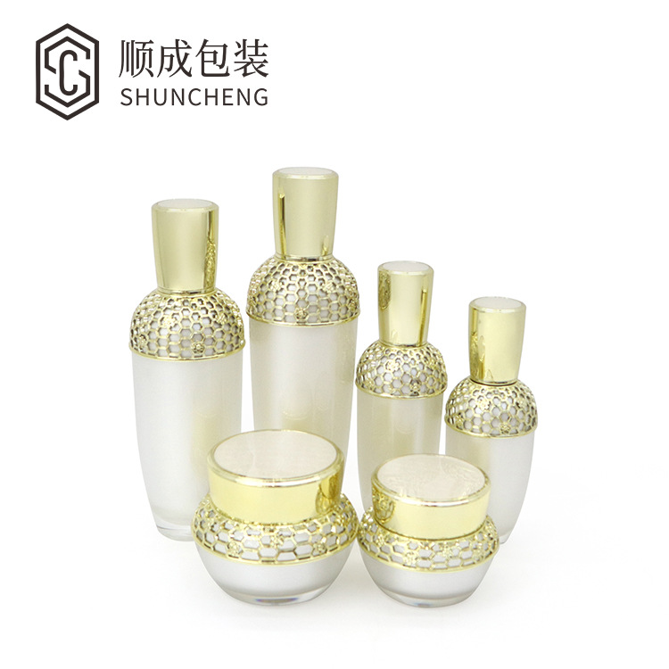 现货高档亚克力花瓶水乳套装瓶金色镂空贵妇膏霜瓶乳液护肤分装瓶