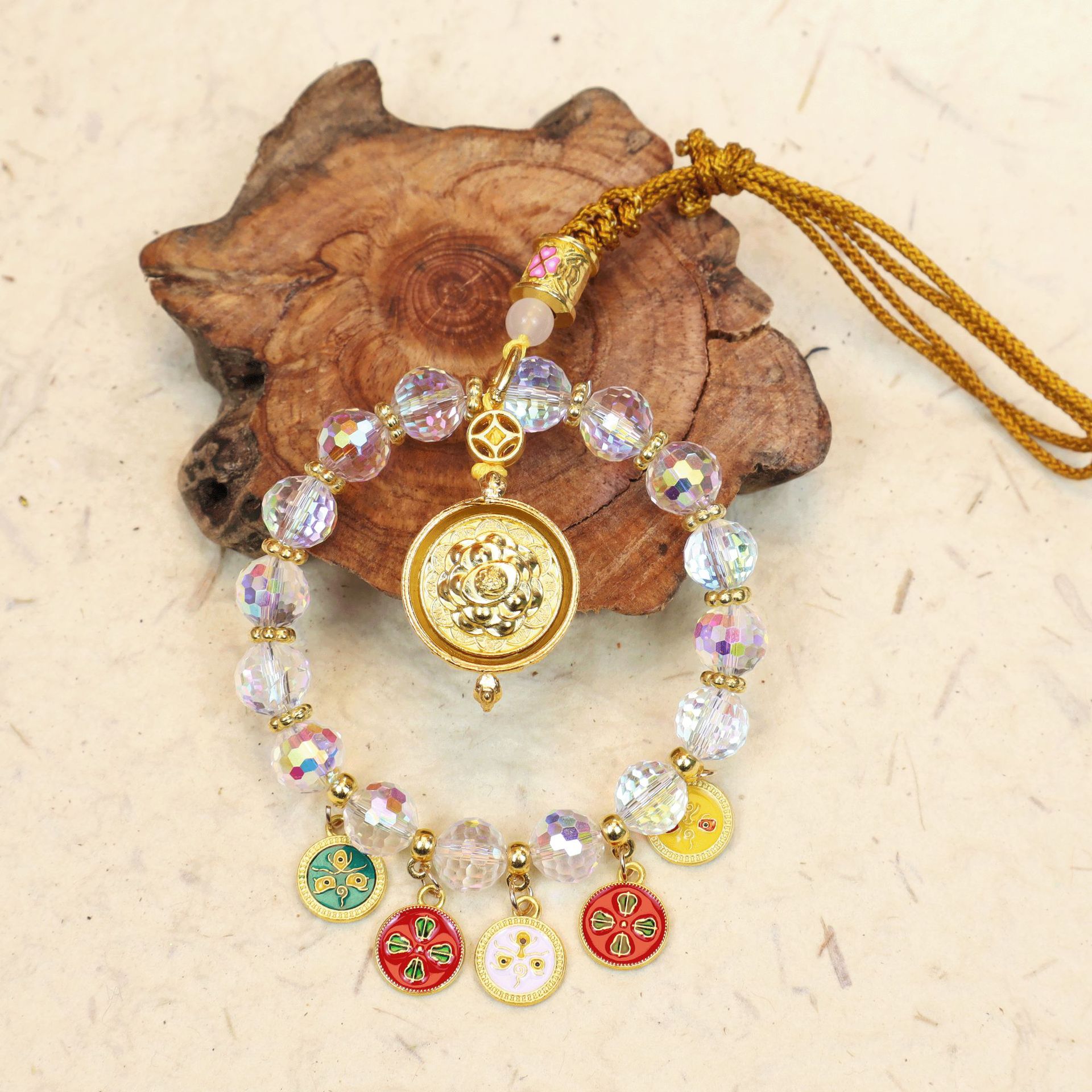 Crystal Five-Path Fortune God Car Hanging Ornament, Multicolor Abacus Lock, High-End Rearview Mirror Decoration, Wealth-Attracting Car Pendant, Interior Car Decoration